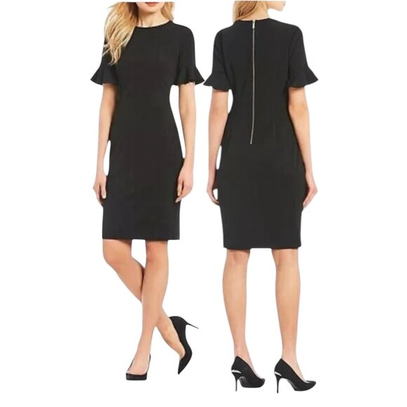 Calvin Klein Dresses & Skirts - Calvin Klein Womens Black Crepe Ruffle Sleeve Sheath Dress  Size 8